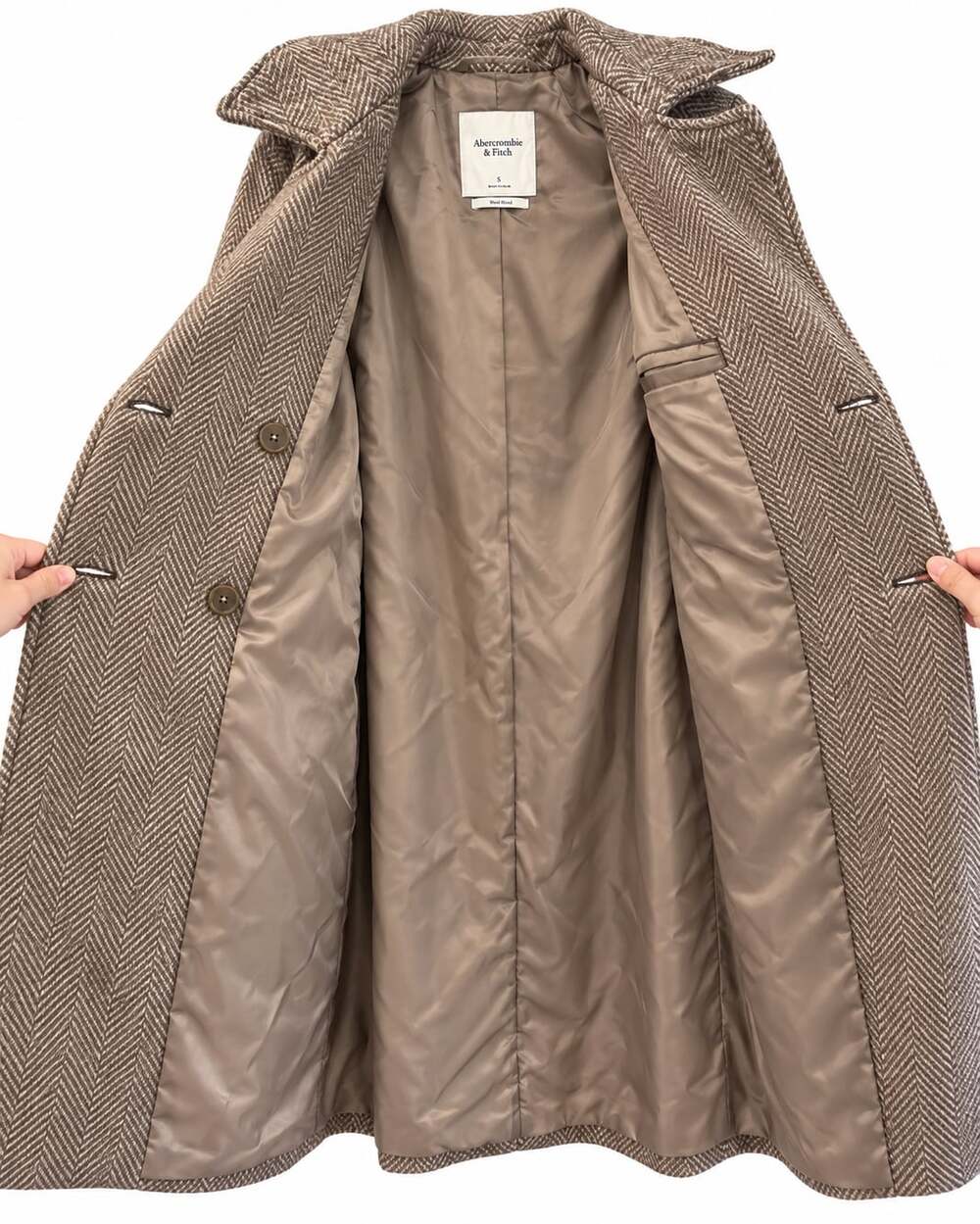 Abercrombie & Fitch Carrie Wool Blend Trench Coat Brown Herringbone Winter Coat - Picture 6 of 10